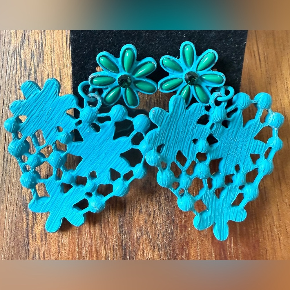 Floral Multicolor Statement Earrings Pierced Rhin… - image 3